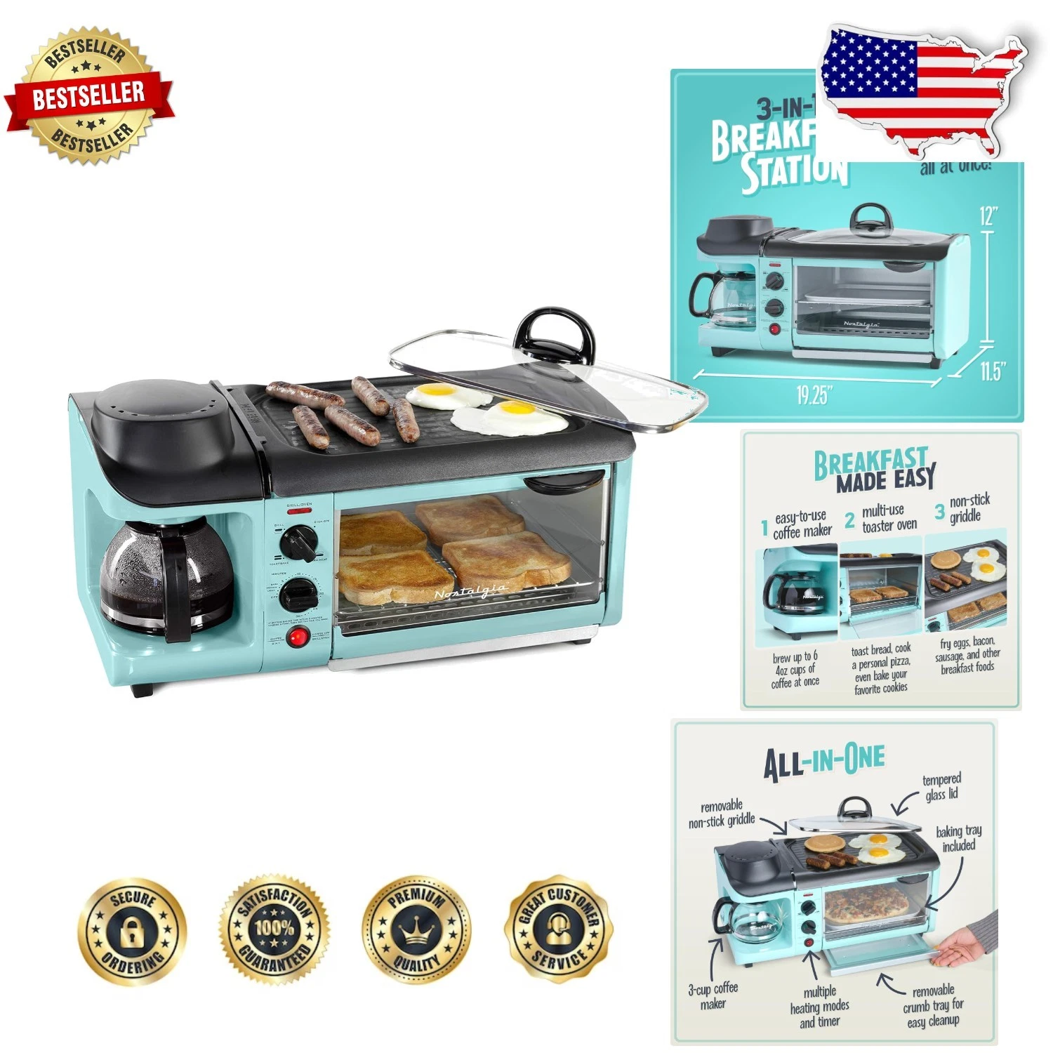 Aqua 3-in-1 Breakfast Station: Coffee Maker, Griddle, Toaster Oven
