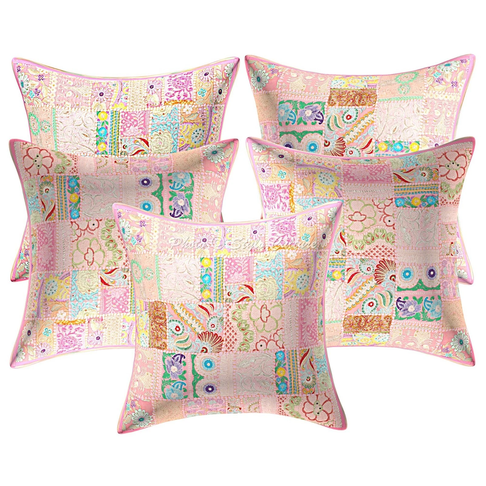 Bohemian Vintage Patchwork Throw Pillow Covers Cotton Pink Abstract Home Decor
