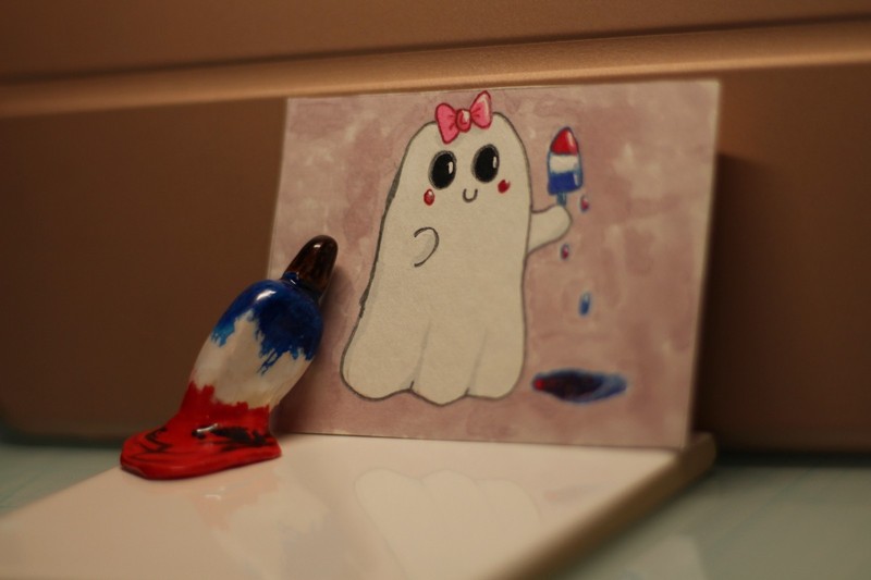 ACEO Original Art Card 2.5 x 3.5 Whimsical Summerween Ghost With polymer magnet