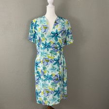 Adrianna Papell Womens Dress 100% Silk Size 10 Blue Floral Wrap Tie Short Sleeve