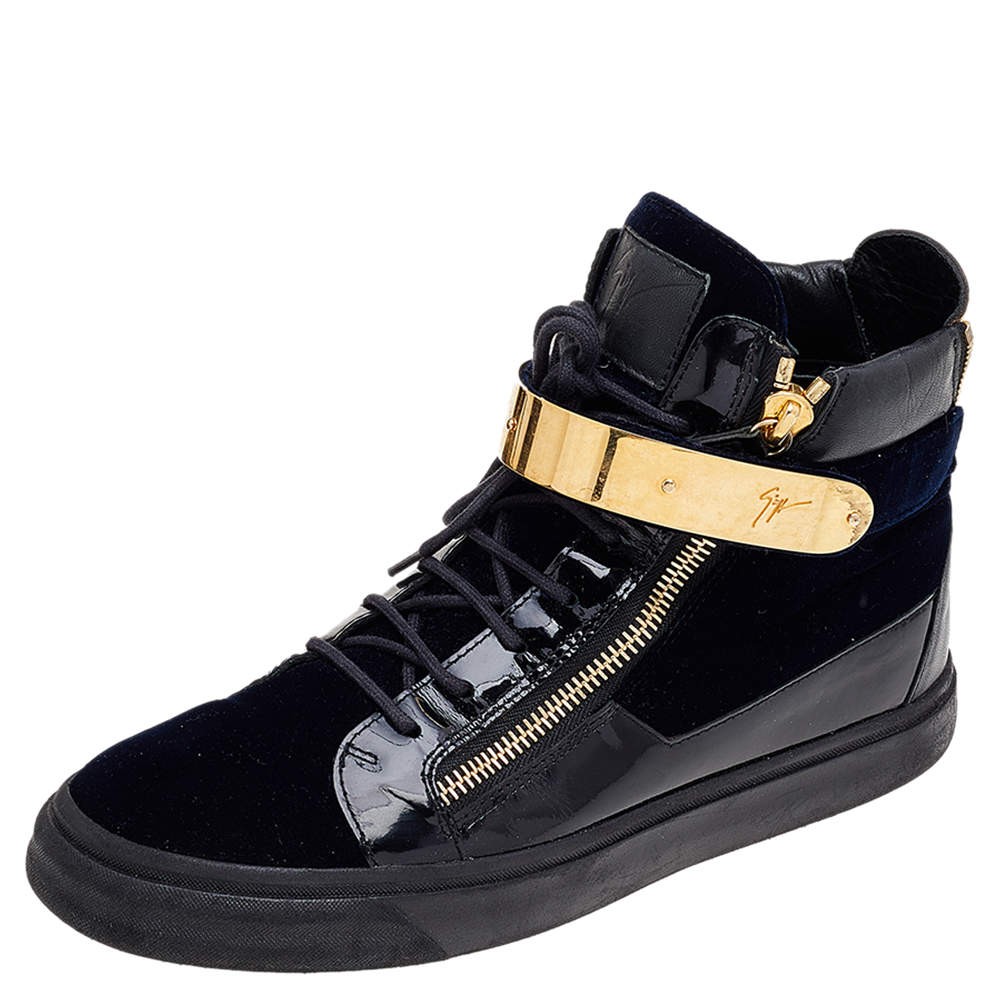 Giuseppe Zanotti Navy BlueBlack Velvet and Leather Coby High Top