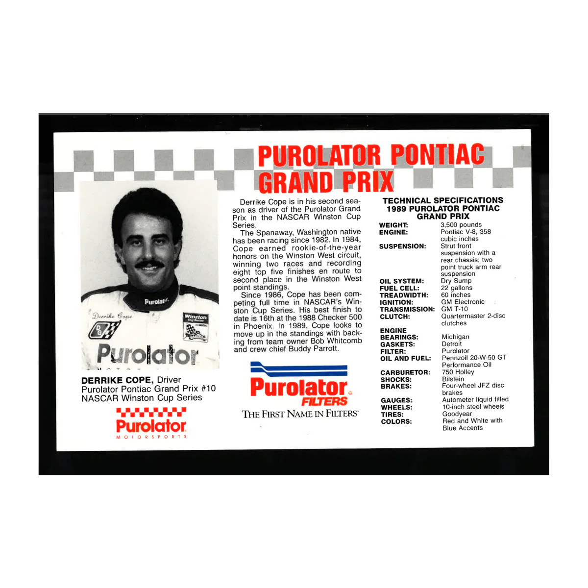 Derrike Cope Nascar Autographed Signed Purolator Chevrolet #10 Car