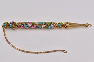 Vintage Enamel  Rhinestone Torah Pointer Yad Gold Judaica Reading Floral Crystal