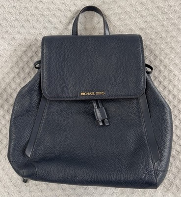 Michael Kors Ginger Medium Pebbled Leather Backpack Navy Blue Gold Tone Hardware