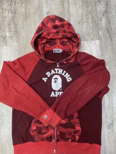 A BATHING APE (BAPE) AUTH APE BAPE COLOR CAMO RELAXED FIT COLLEGE FULL ZIP FELPA CON CAPPUCCIO ROSSA UOMO XL UOMO