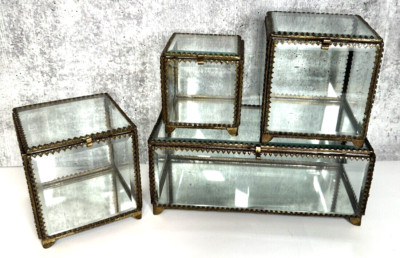 Set of 4 Antique Beveled Glass & Brass Perfume Bottle Boxes Various Sizes