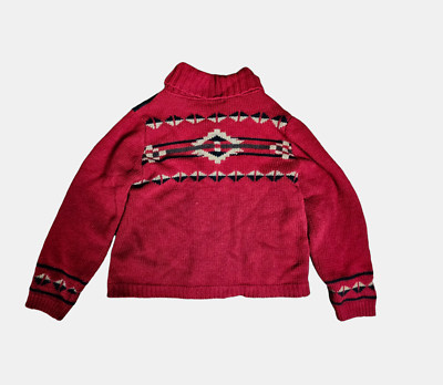 Pendleton Aztec Lambs wool Knit Suede Leather Snap Front Jacket L Red Black VTG