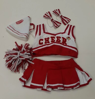 Build-A-Bear Red & White Cheerleader Uniform Outfit with Pom Pom, Horn, & Bows