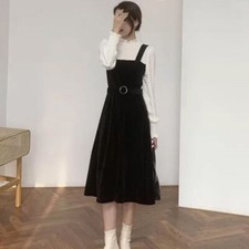 Women Corduroy Midi Dress Belted Fake Two Piece Long Puff Sleeve Patchwork Chic