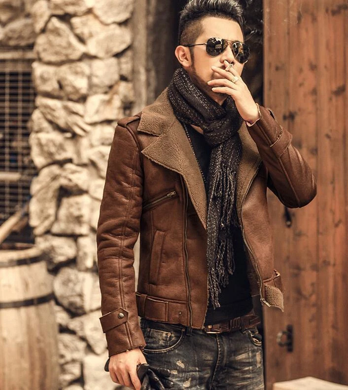 Shearling lapel thicken warm slim men's denim jacket store