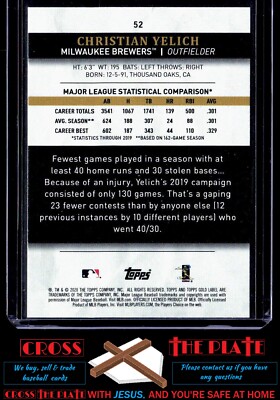 1-2020 Topps Gold Label Class 1 Yelich Christian Yelich Brewers
