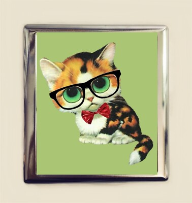 cat cigarette holder Hipster Cat Cigarette Case Business Card ID Holder Wallet Nerd Animal Art
