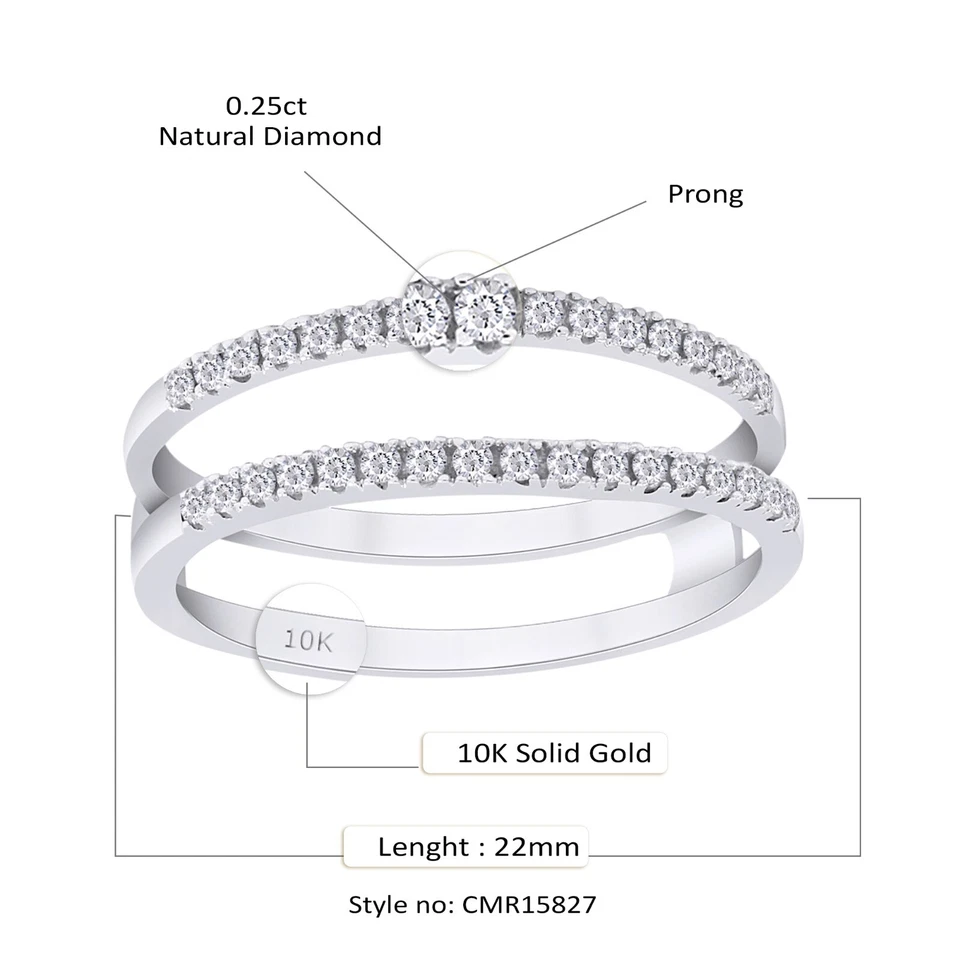 Solitaire Enhancer Guard Wrap Wedding Band Ring 1/4ct Natural Diamond 10K Gold - Image 2 of 4