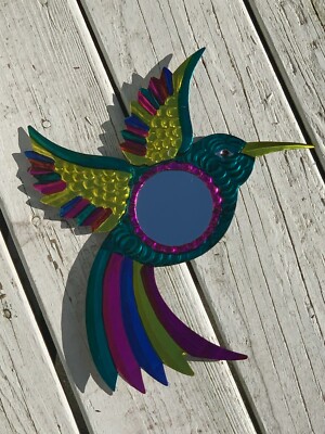 Colibri Hummingbird Mexican Hand Painted Punched Tin Mirror Wall Art 12x11 C