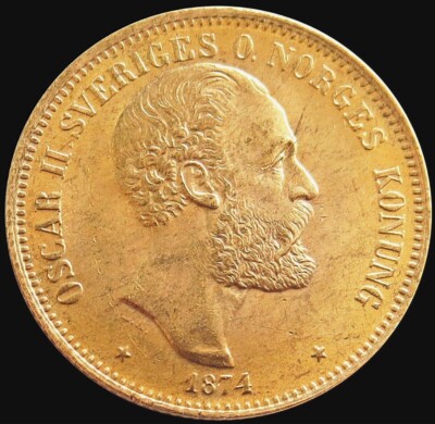 1874 ST GOLD SWEDEN 20 KRONOR 8.96 GRAMS OSCAR II COIN MINT STATE