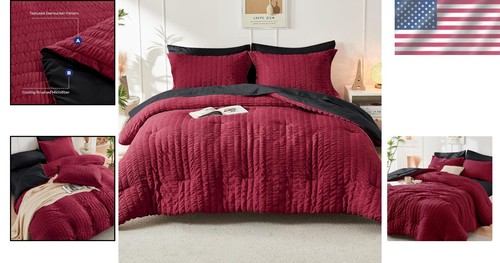 Elegant King Size Seersucker Comforter Set 3-Piece with Pillow Shams - Red/Black - Picture 2 of 8