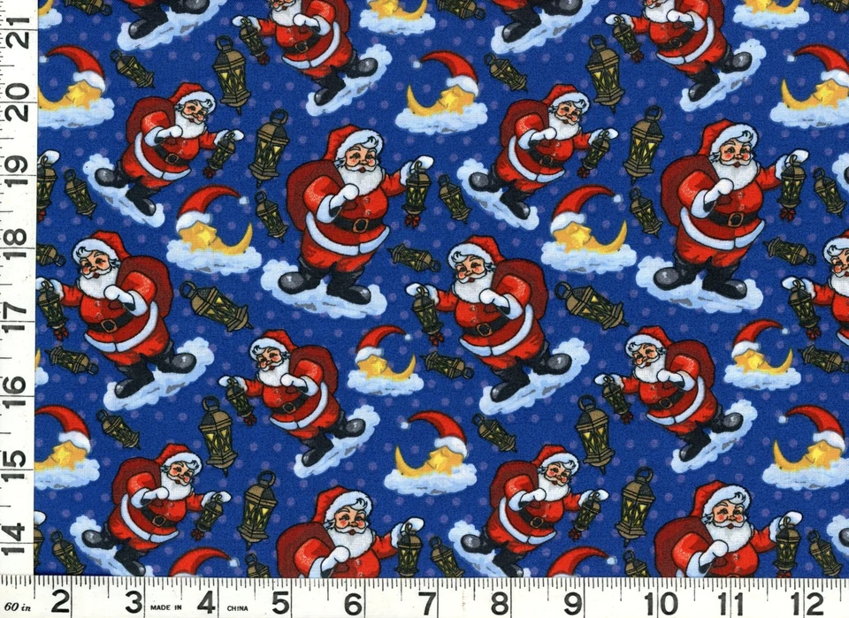 MDG Happy Santa Lanterns Moon Christmas Dk Blue Quilting Sewing Fabric by Yard #3245