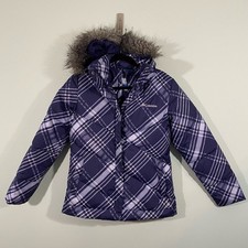 Columbia Youth Girl's Purple Print Snow Trinity Hooded Down Jacket Size 14/16