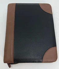Franklin Covey ~Classic Size~ Black Pebbled Leather & Brown Zip Binder Planner