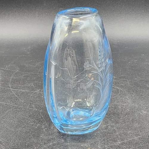 Hand Blown Blue Tint Glass Vase Etched Floral Scandinavian Swedish Oval 6.75″ - Picture 5 of 12