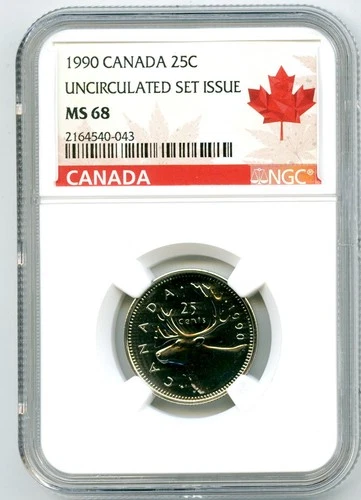 1990 CANADA 25 CENT NGC MS68 CARIBOU QUARTER RED MAPLE LEAF LABEL