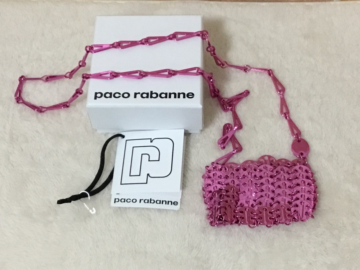 Paco Rabanne Metal Chain Shoulder Bag Pink Mesh Mini Handbag With Box