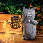 Solar Cat Garden Ornament with Watering Can Lights • Outdoor Resin Statue Gift