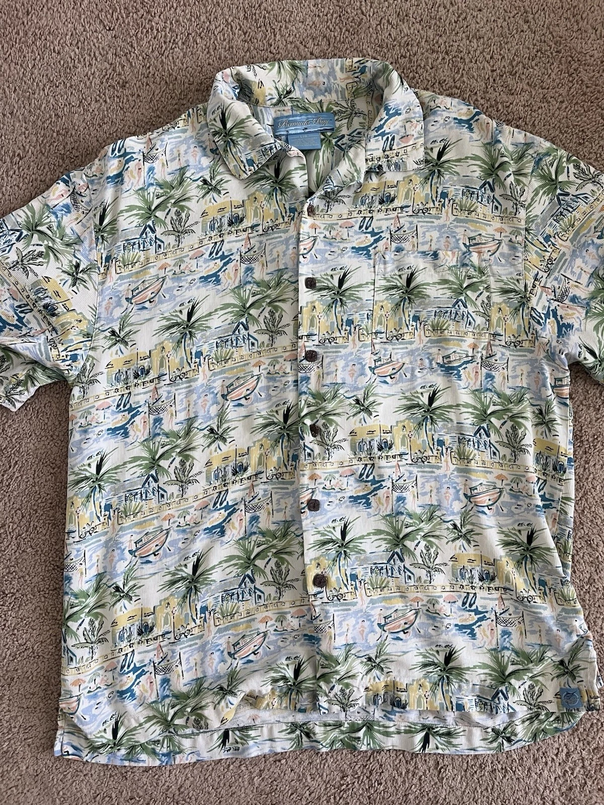 Bermuda Bay Silk Hawaiian Button Front Shirt Art Floral Sailboat Sz Large S/S