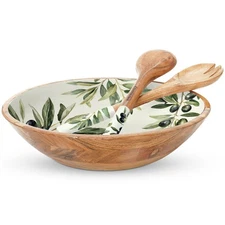 Large Acacia Wood Salad Bowl Set - 13-inch Serving Bowls with Fork & Spoon
