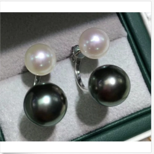 LO ÚLTIMO Venta Pendientes Mignon AAA++ 7-10mm Mar del Sur Perlas Blancas y Negras Plata 925 Foto 3 de 4