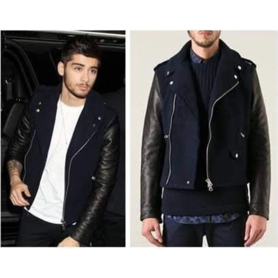 Chaqueta de motociclista ACNE STUDIOS AW3 Cassady de cuero para hombre 50 negra azul marino lana Foto 2 de 4