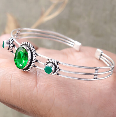 Diopside Cut & Green Onyx Gemstone 925 Sterling Silver Cuff Bracelet Jewelry