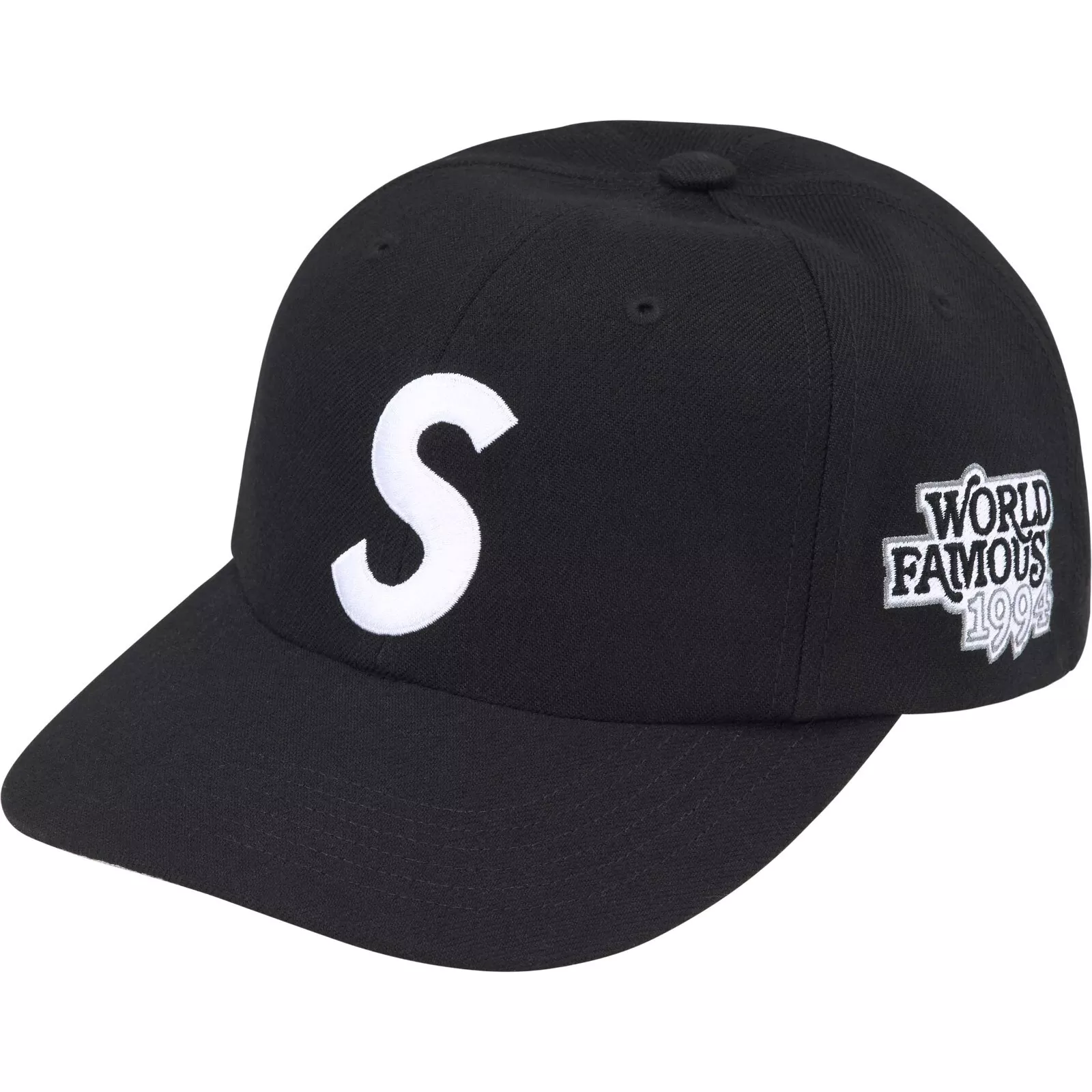 Supreme World Famous S Logo 6 panneaux SS25 noir EN MAIN