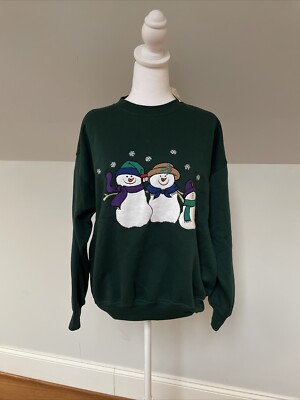 Nutcracker Vintage Womens Sweatshirt Dark Green Snowmen Snowflake Winter Top New