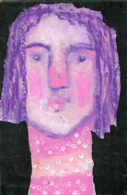 Purple Pink Expressive Woman Portrait Painting Polka Dots 4x6 Naive Original Art
