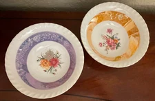 PAIR Japanese Bowls With  Iridescent Gold And Purple Trim,  Floral Centers,  7"