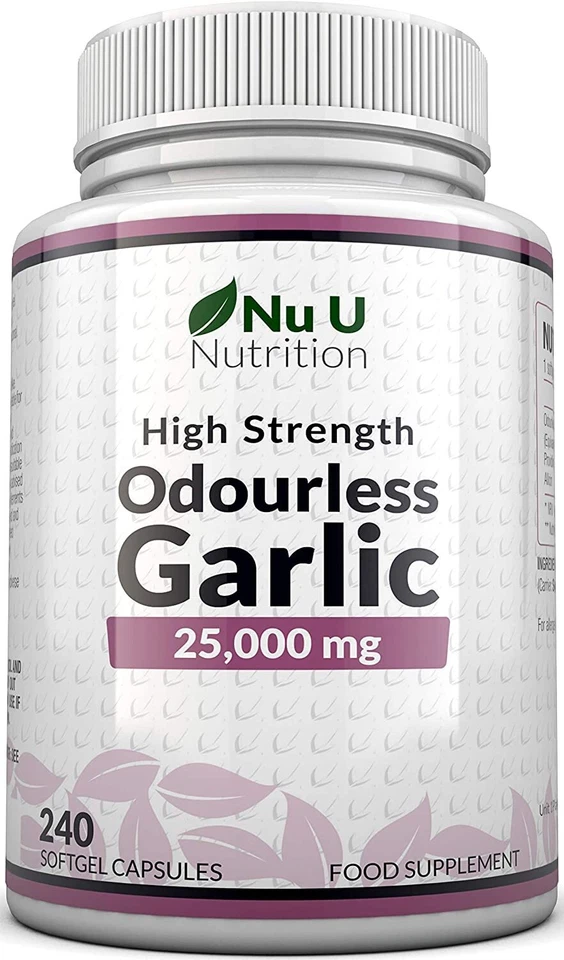 NU U NUTRITION Garlic Capsules 25,000mg – 240 Odourless Softgels – High Strength Allicin
