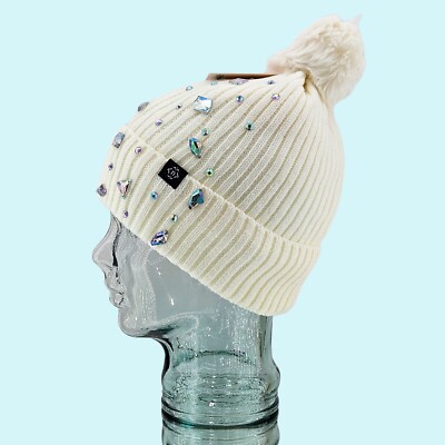Nanette Lepore Hat Beanie Ivory Rhinestone Embellished Faux  display picture 1