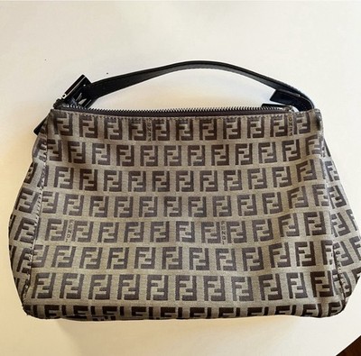 Fendi Brown Beige Zucca Top Handle Bag Silver Hardware Logo Zip Women s