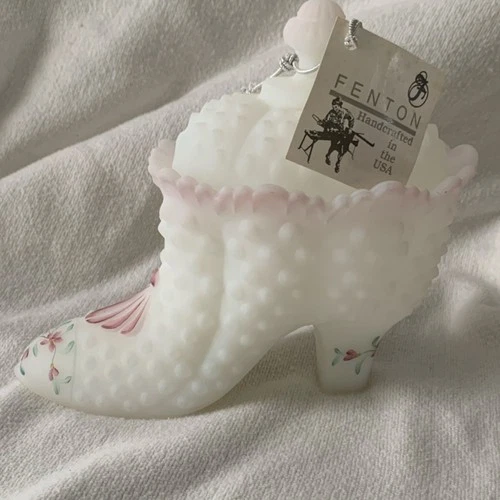 Fenton Hobnail Hand Painted Glass Shoe White Floral Signed T. Watson