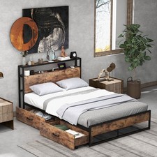 Full Industrial Platform Bed Frame w/ Drawer Storage Headboard Charging Station