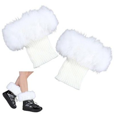 Winter Fuzzy Leg Warmers Short Knit Fabric Furry Boot Top Cover Cuff White