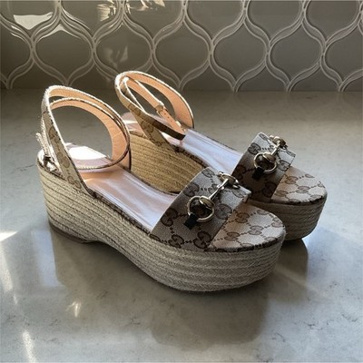 Gucci Beige Canvas Horsebit Logo GG Espadrille Platform Buckle Women's 37.5