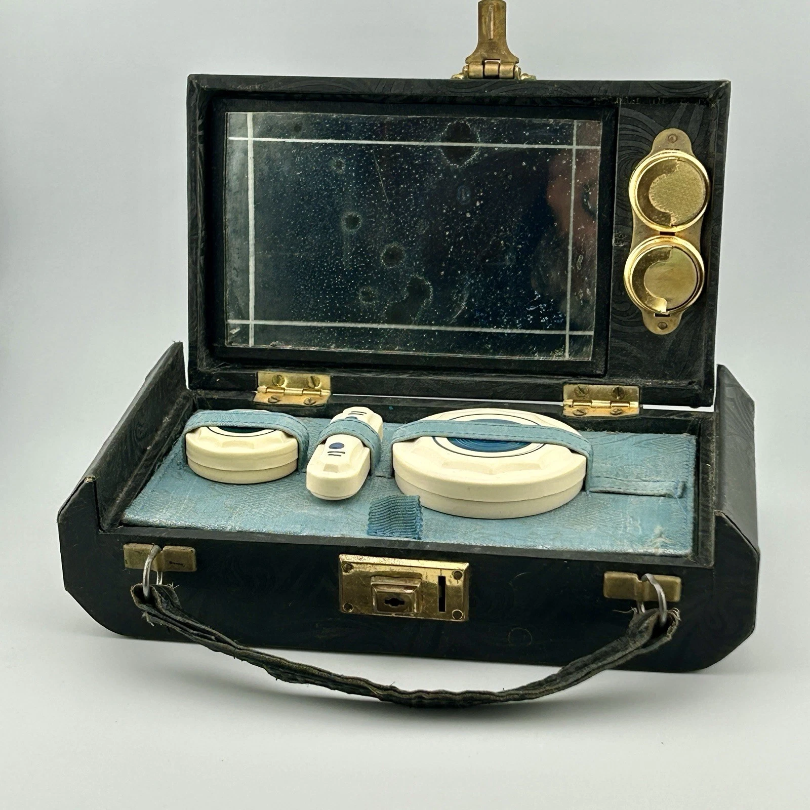 Antique 1910s Travel Vanity Case French Ivory Pots Beveled Mirror Gloves Key
Opens in a new window o