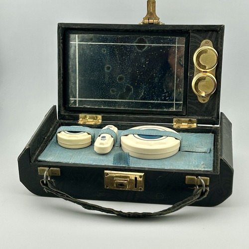Antique 1910s Travel Vanity Case French Ivory Pots Beveled Mirror Gloves Key