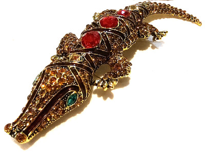 NWOT Huge Alligator Brooch Rhinestone Gold Tone Enamel Unisex Shoulder Lapel