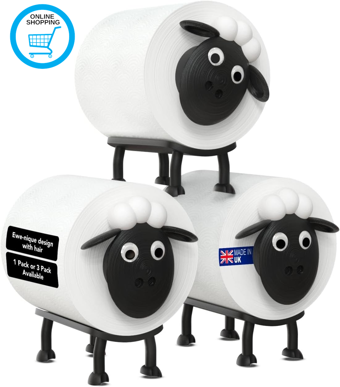 Sheep Toilet Roll Holder - Set of 3 – Free Standing Black Loo Roll Storage – 3D