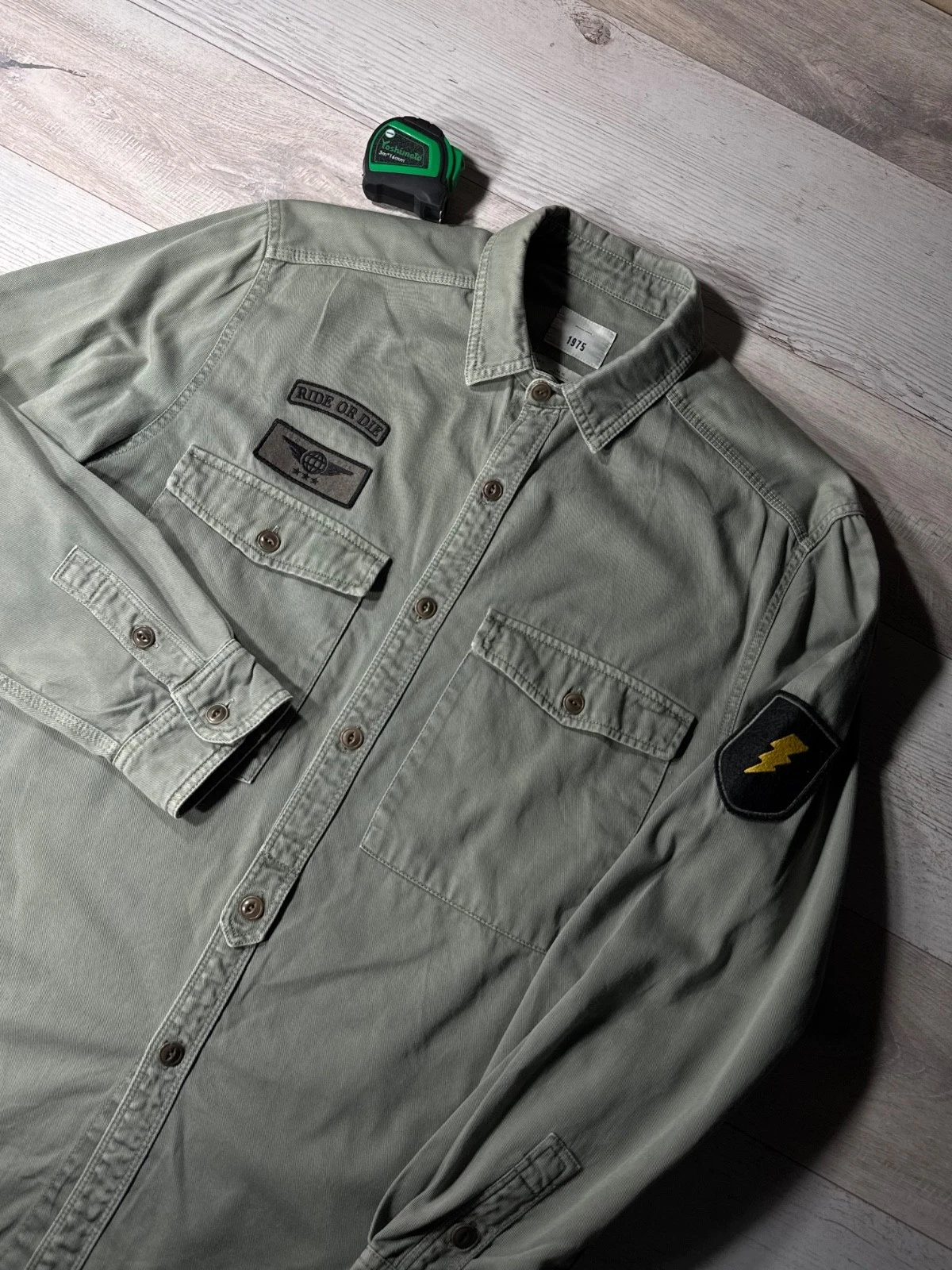 1975 Original Denim Military Utility Shirt Jacket Men’s XL Gray Green Ride Or Di