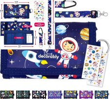 Decorably Trifold Space Boys Wallets for Kids 4-6 with Lanyards, Blue