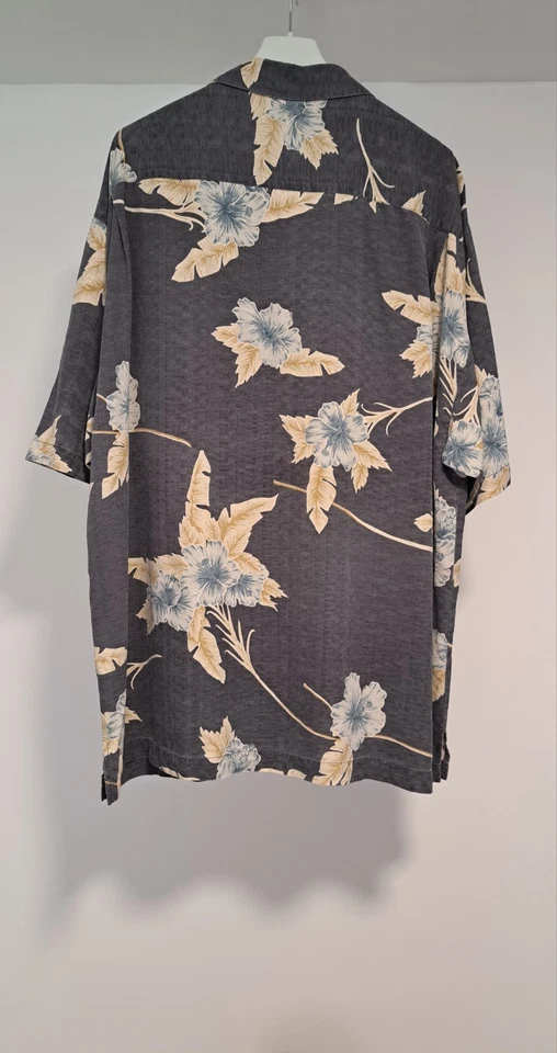 Tommy Bahama Shirt Men L 100% Silk / Soie Gray Floral Hibiscus Textured Camp - Photo 2/4